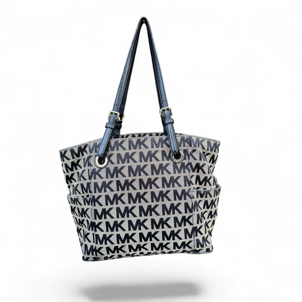 Michael Kors Black Beige Signature Monogram Jacquard Tote Shoulder Bag Gold Tone
